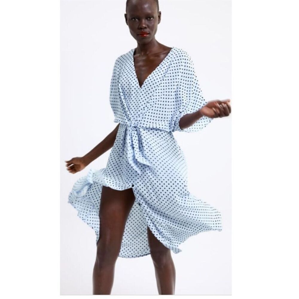 Vintage Zara Women's S Blue Polka Dot V-Neck Wrap Midi Dress Casual - Picture 2 of 7
